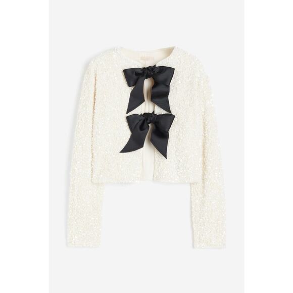 H&M TIE-FRONTED SEQUINED JACKET TOP SEQUIN RIBBON Small - Picture 1 of 5